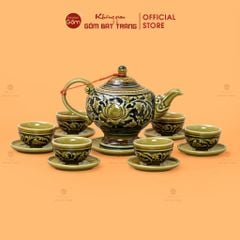 Bộ Ấm Chén Khắc Nổi Hoa Sen Nền Đen