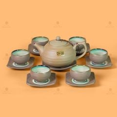Bộ Ấm Chén Gốm Đất Men Hỏa Biến Quai Sứ